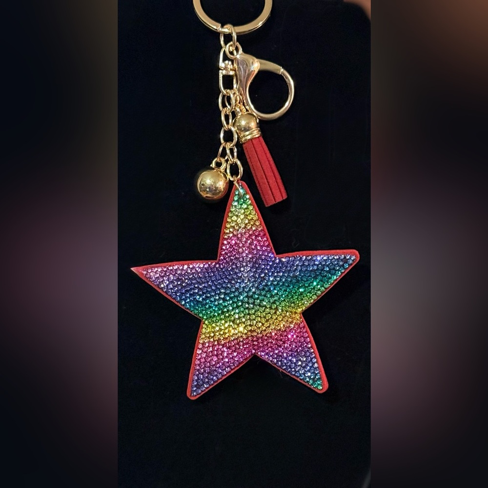 Rainbow Star Rhinestone Bag Charm Keyring